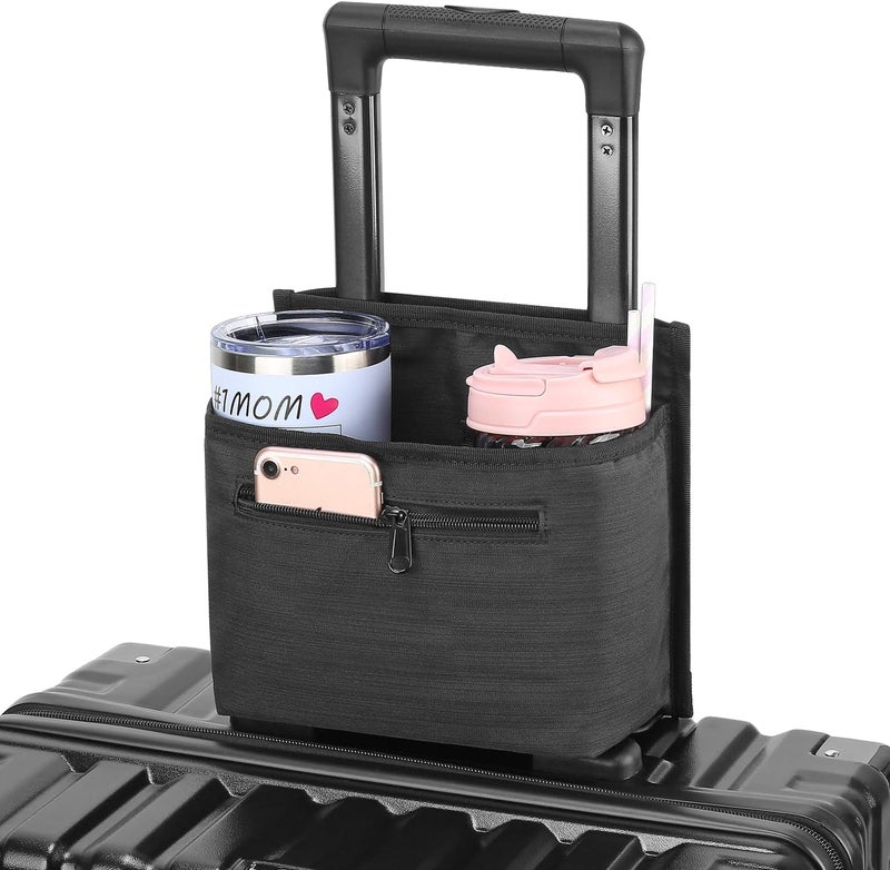 ZHCHG Luggage Travel Cup Holder Attachment for Suitcase Drink Carrier Caddy, Coffee Mug and Tumblers, Traveler Carry on Hands Free Accessory- Gifts for Flight Attendants Travelers Accessories- Black - Image 1